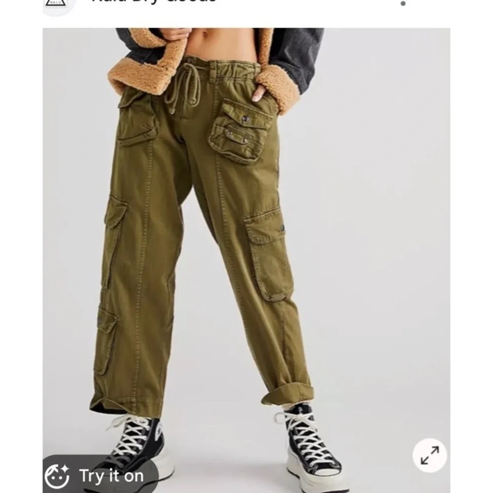 Free People Tahiti Cargo Pants XS NWT Green Dried Herb Baggy Utility Pull On